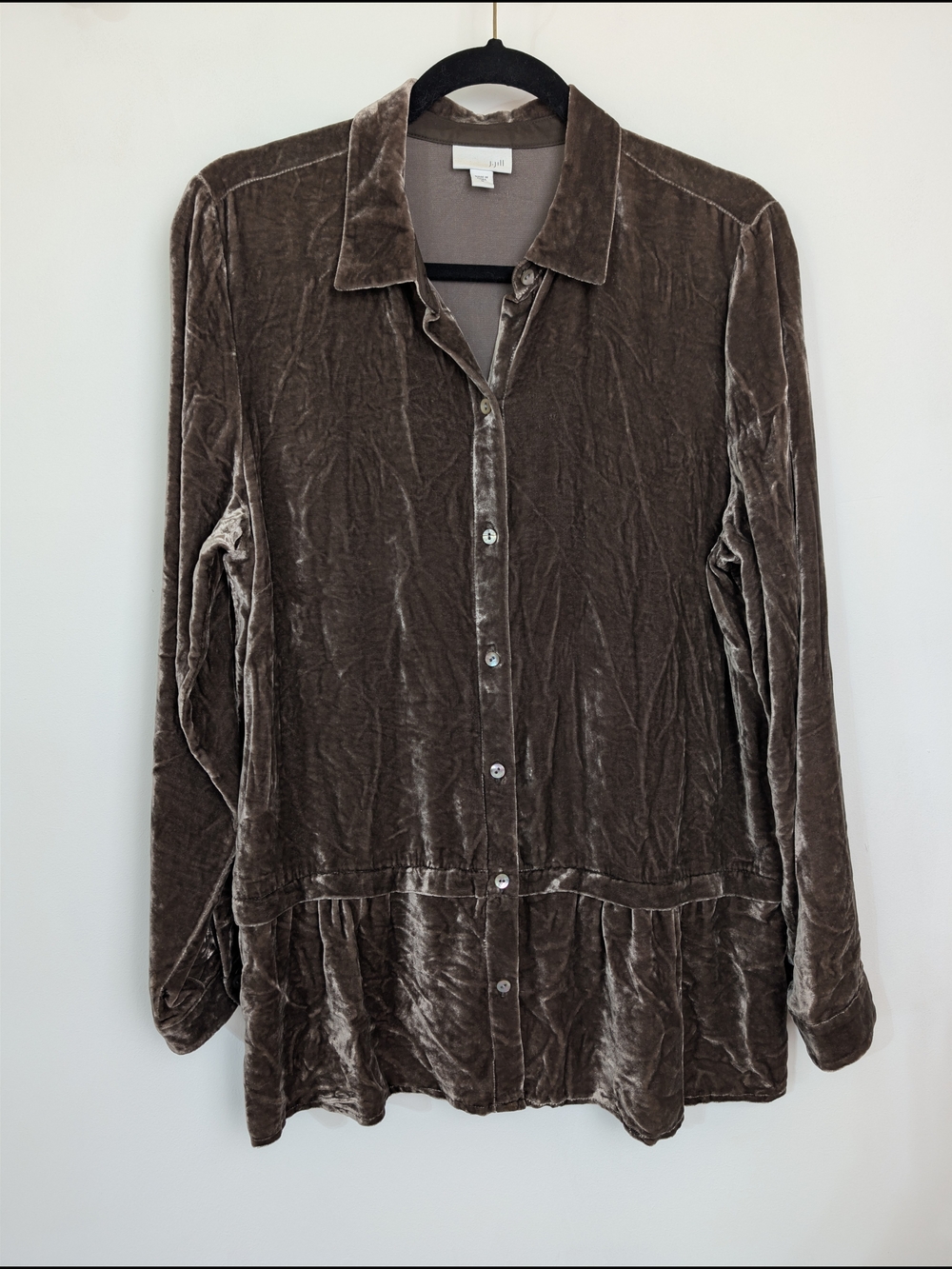 J. Jill Velvet Silk Velour Button Up Peplum Shirt Grey Sz M Fall Boho Cottage